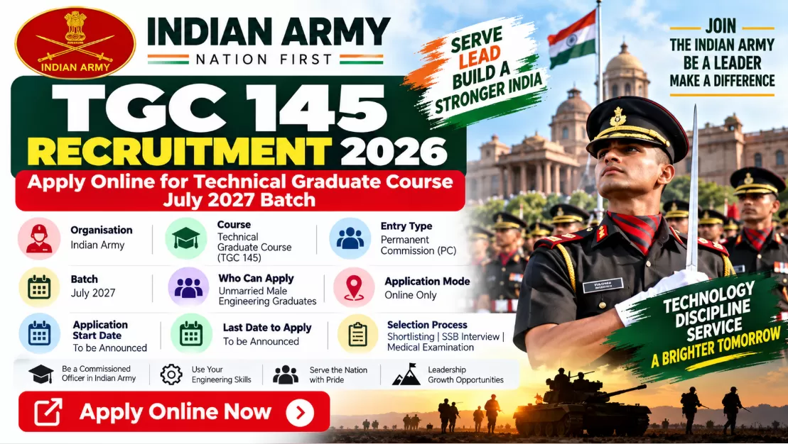 Indian Army TGC 145 Recruitment 2026: Apply Online for Technical Graduate Course July 2027 Batch