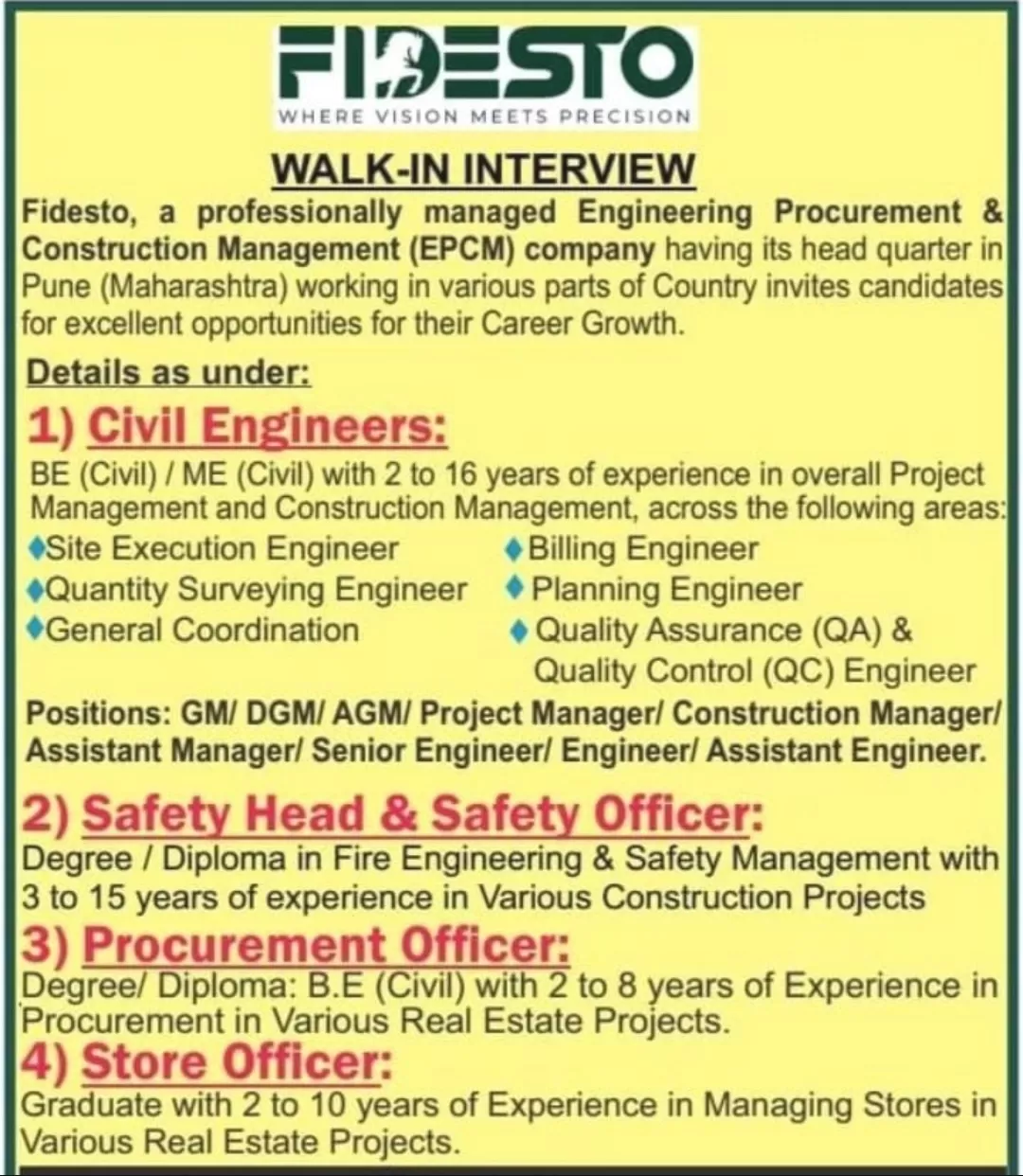 Fidesto Walk-In Interview 2026: Civil Engineers, Safety Officers, Procurement & Store Officers