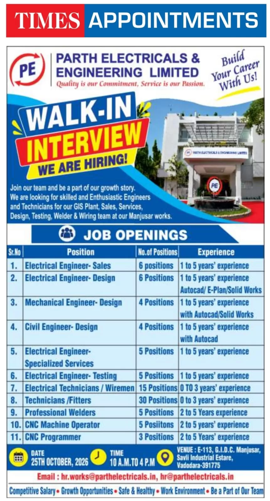 Parth Electricals & Engineering Ltd. Recruitment 2026: Walk-In Interview for 88 Vacancies